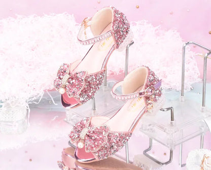 2025 Summer Girls' Princess Shoes Fashion Sequin Bow Soft Bottom Children's Sandals Girls' Performance Pearl Crystal High Heels