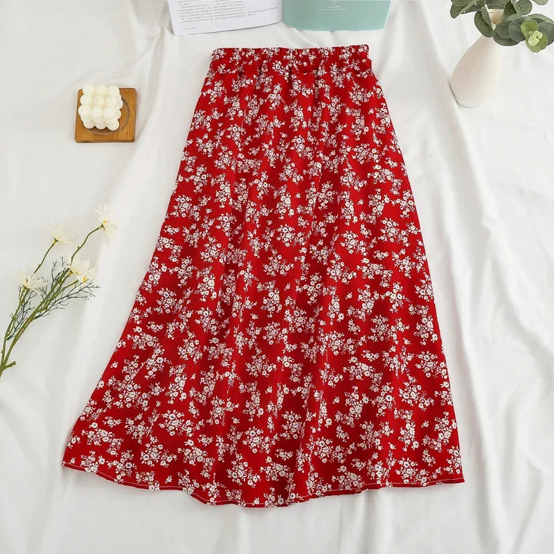 Women's Summer Skirts Vintage Floral Printed Chiffon Skirts High-waisted Elastic Waist Relaxed Mid-length Skirts Beach Skirts