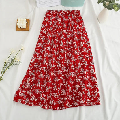 Women's Summer Skirts Vintage Floral Printed Chiffon Skirts High-waisted Elastic Waist Relaxed Mid-length Skirts Beach Skirts
