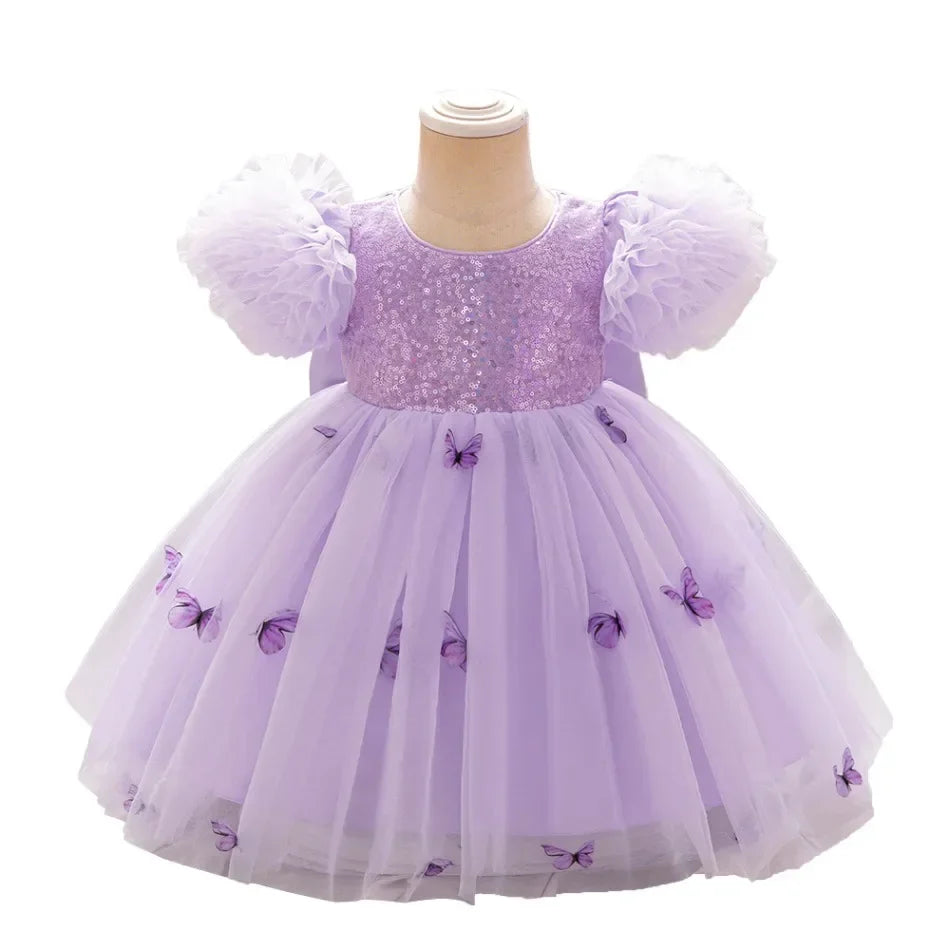 Baby Girl Clothing Summer Bow And Butterfly Pattern Halter Solid Color Mesh Baby Kids Dresses Cute Casual Baby Girl Dress ASQ03