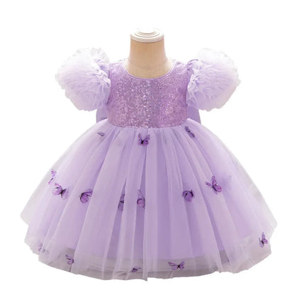 Baby Girl Clothing Summer Bow And Butterfly Pattern Halter Solid Color Mesh Baby Kids Dresses Cute Casual Baby Girl Dress ASQ03