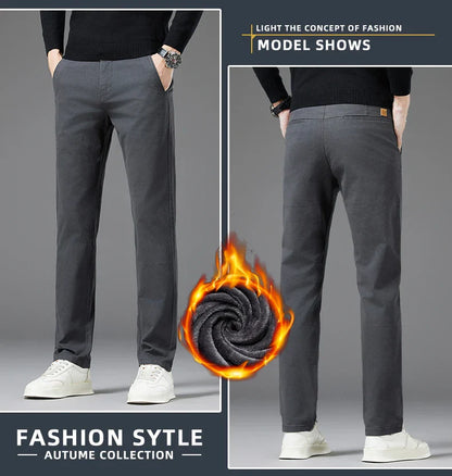 Winter Thickened Men's Velvet Casual Pants Fleece Warm Fashion Solid Color Straight Elastic Male Business Plush Pants