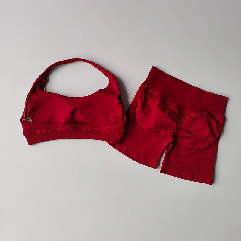 Sexy Halter Neck Beautiful Back High Waist Peach Sports Bras Shorts Suit Pilates Gathering Yoga Vest Training Fitness Bra Sets