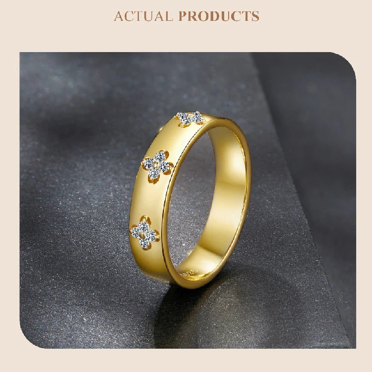 925 Sterling Silver Lucky Clover Moissanite Ring, Gold Plated D Color Round Cut Wide Band Ring for Women Wedding Gift