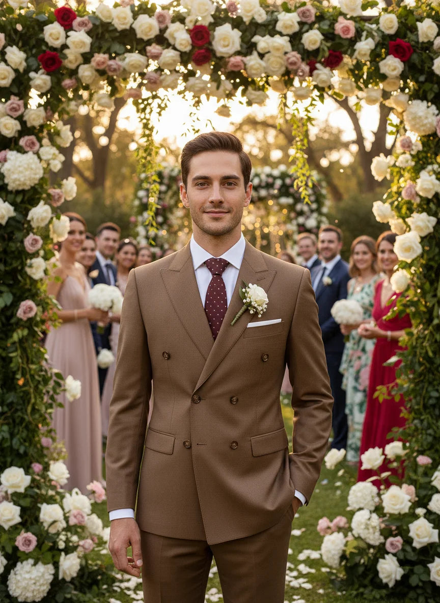 Elegant brown Double Breasted Suit Set 2 Piece Business Wedding Outfit Classic Stylish Blazer Pants Modern Trendy