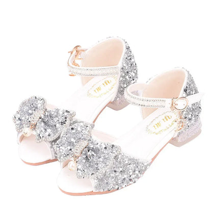 2025 Summer Girls' Princess Shoes Fashion Sequin Bow Soft Bottom Children's Sandals Girls' Performance Pearl Crystal High Heels