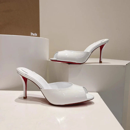 New patent leather nude high heels stiletto round head open-toed fish mouth shoes sexy outer slippers women's muller shoes