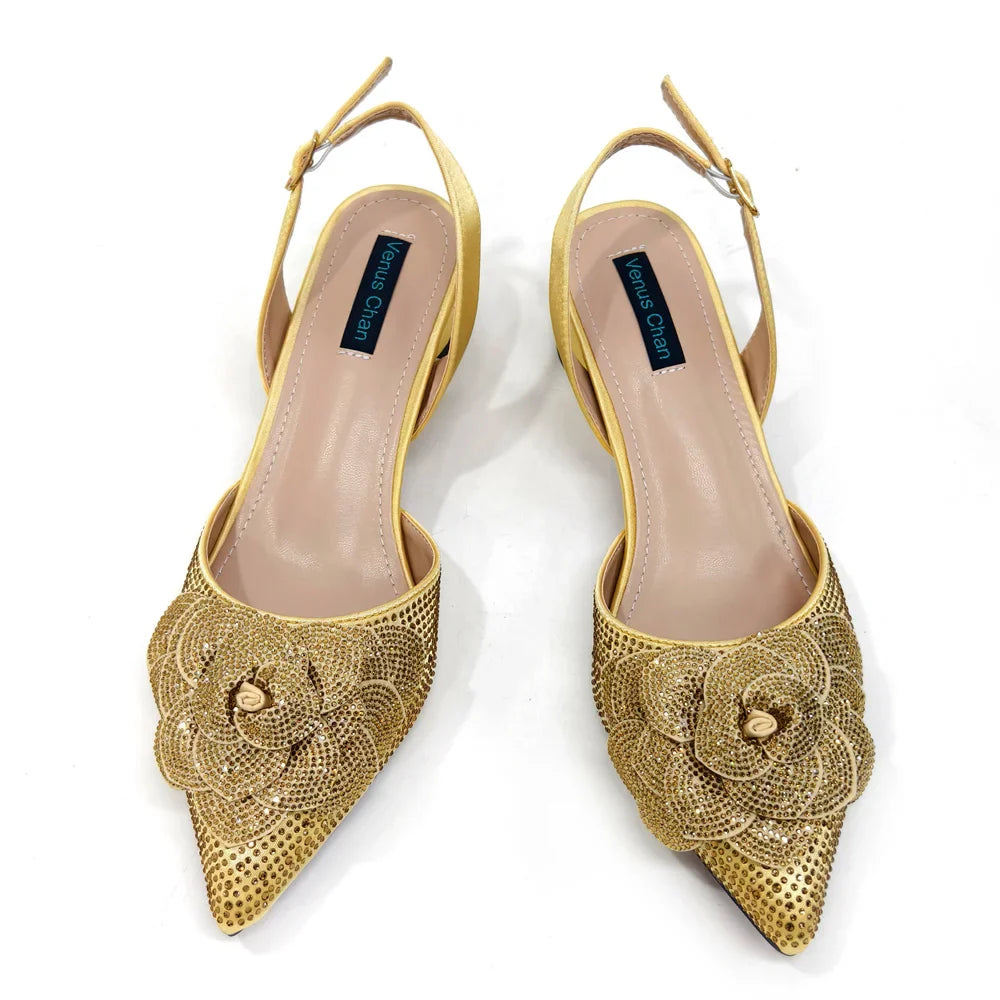 Evening Shoes and Bags Set with Full Diamond Handmade Petal Clutches Pointed Toe Peach Color Mid-Heel Women Shoes