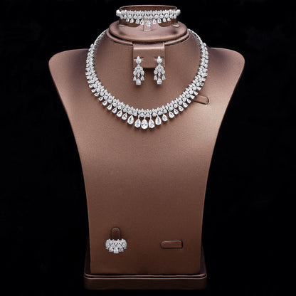 Luxury White Cubic Zirconia Bridal Jewelry Set Brides Accessories Tassel Water Drop Necklace Earring 4pcs Set for Wedding Party