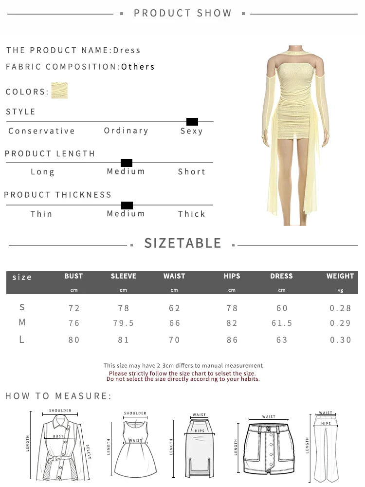 Mesh Simple Women Mini Dress Fashion Solid Strapless Ribbons Tassel Body-shaping Vestidos+Seperately Full Sleeve Gloves