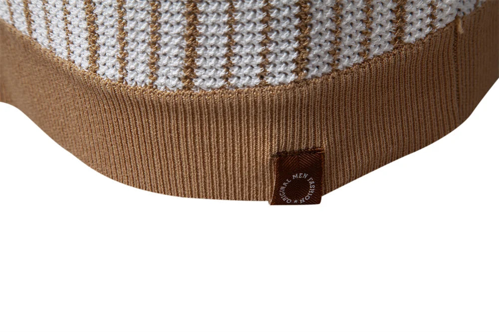 2025 Men's Striped Mesh Polo Shirt - Breathable Contrast Panel Knit Top with Turn-Down Collar