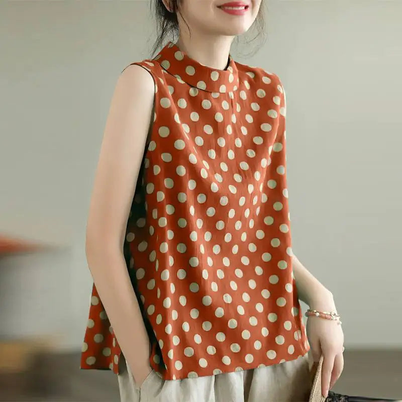 Women Dots Tank Tops 2024 Summer Sleeveless Camis Blouse Korean Fashion Round Neck Shirt Casual Loose Round Neck Tunics