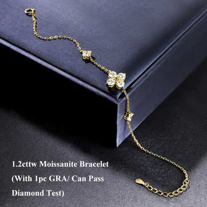 Lucky Clover GRA Certified 1.2cttw D Color Moissanite Diamond Bracelet for Women 925 Silver Plated 18k Hand Link Bracelets