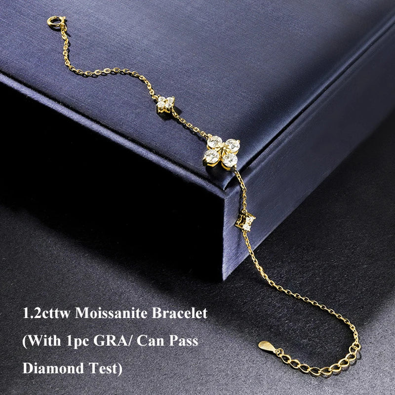 Clover GRA Certified 1.2cttw Moissanite Diamond Link Bracelet for Women 925 Silver Plated 18k Gold Hand Chain Bracelets