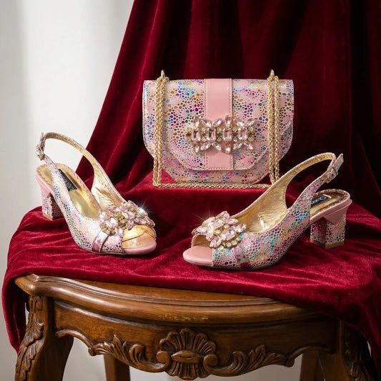 Nigerian Style Rhinestone Embellished Three-Dimensional Bag And Good Material Peep Toe Pumps Elegant Clutch Bag Women Shoes