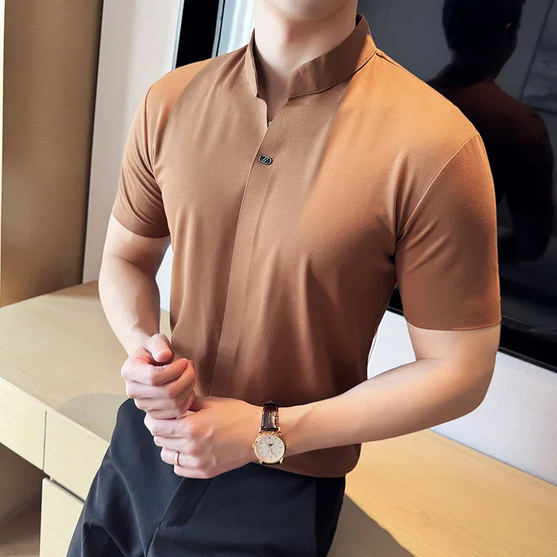 Men's High Elastic V-neck Polo Shirt, Thin Short-sleeve T-shirt, Business Casual Men's Top, 2024 High Quality, M-4XL.