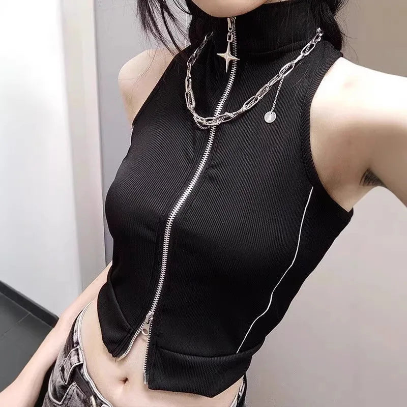 Gothic Style Stitching High Street Style Hot Girl Spaghetti Straps Sleeveless Cardigan Vest Slimming Slim Fit Top for Women INS