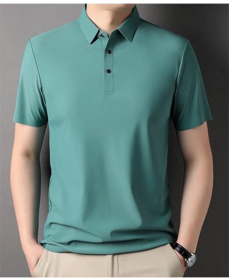 High quality wrinkle resistant ice silk short sleeve t-shirt men's summer Lapel loose casual solid color top high-end polo men