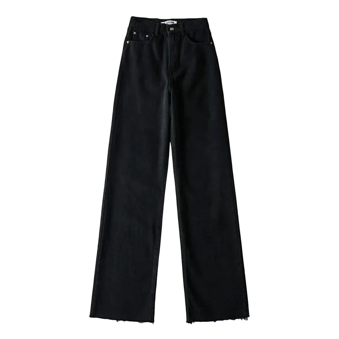 Classic Straight-Leg High-Waisted Denim Jeans with Raw Hem