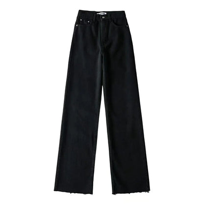 Classic Straight-Leg High-Waisted Denim Jeans with Raw Hem