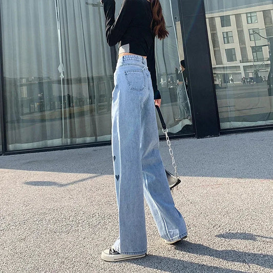 Women's Straight-leg Loose-fit Heart Embroidery Draped Trailer Pants