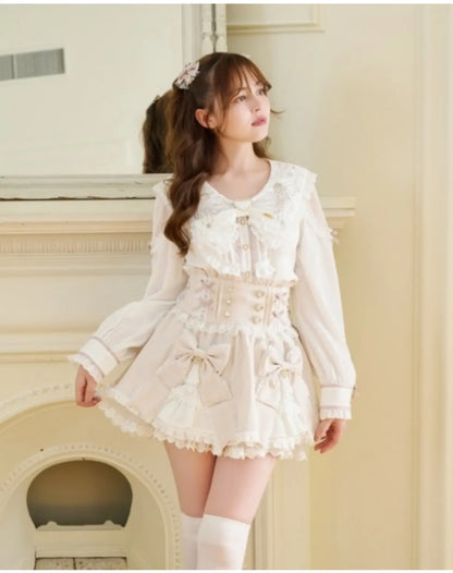 Liz Japanese New 2026 Spring Sweet Girl Heart Buckle Double Bow Lace Patchwork High-waisted Kawaii Elegant Princess Short Skirt