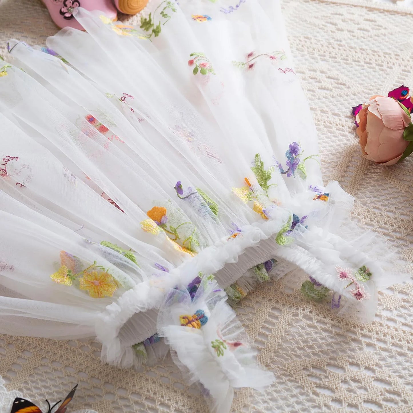 Outdoor Summer Cute Princess Dress Toddler Baby Girls Embroidery Flower Suspender Mesh Dresses Birthday Party Princess Dresses