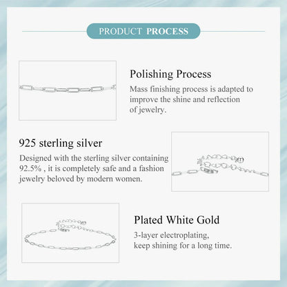 Solid 925 Sterling Silver Square Chain Bracelets for Women, White Gold Plated Handmade Basic Bracelets Birthday Gift