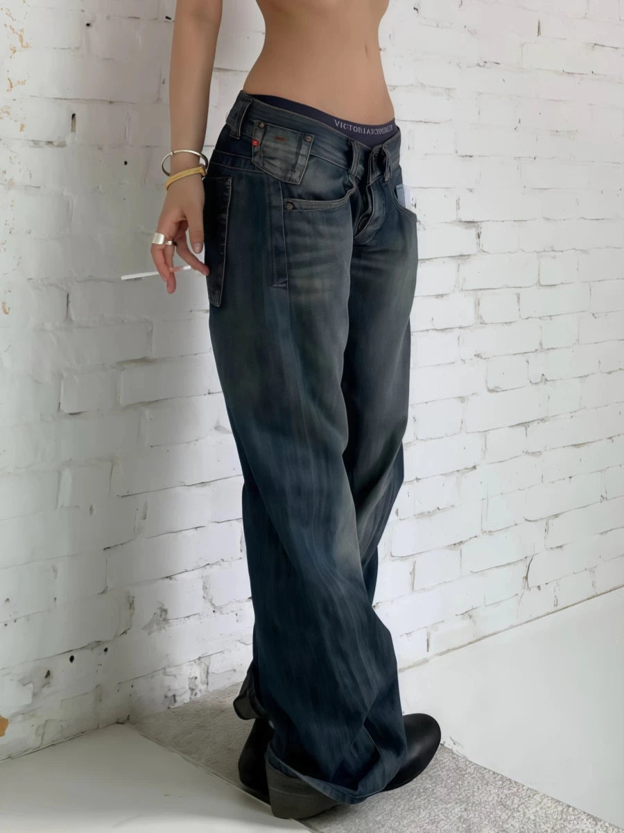 2025 Autumn Winter Women's Low Rise Denim Pants Vintage Simple Y2K Baggy Wide Fit Jeans Harajuku Cowboy Streetwear 2000s Japanes