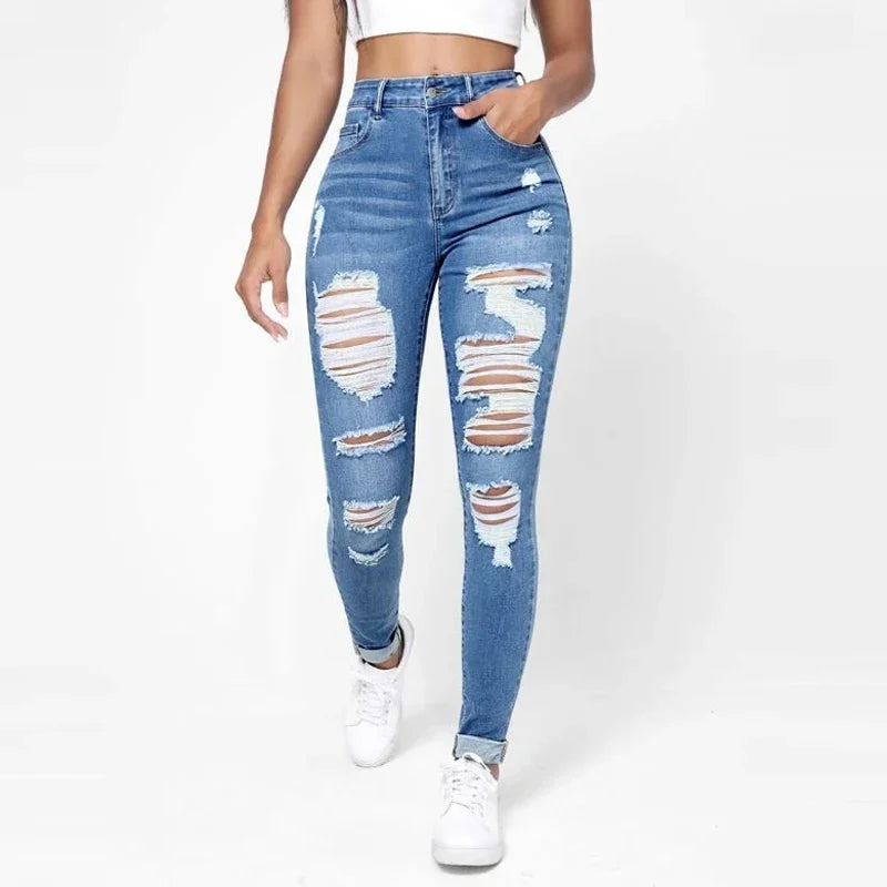 Casual Skinny Jeans Autumn, Slash Pockets Distressed Denim Pants