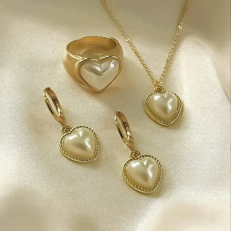 3 Pcs/Set Round Pearl Pendant Necklace For Women Exquisite Fashion Rhinestone Double  Earring Wedding Jewelry Set Gift
