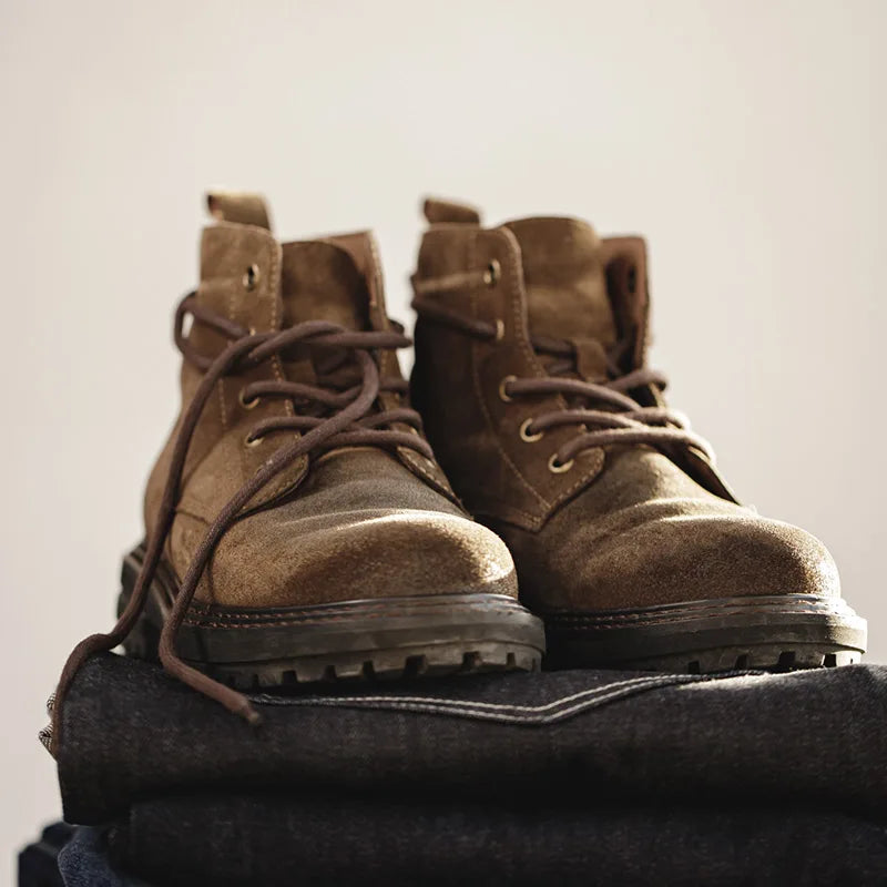 Men's Vintage Split Suede Boots Brown High-Top Work Boots Lace-Up Desert Ankle Rugged Sole Boots Outdoor Winter Fall Shoes