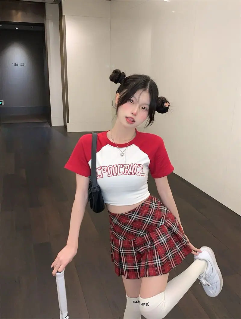 Summer 2024 Vintage Korean Style High Waist Patchwork A-line Mini Skirt Harajuku Preppy Fashion Plaid Pleated Skirt Red Women