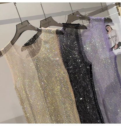 Women&Men Crystal  Rhinestones Shiny Sexy Y2K Tank Tops High Quality Party Club Sexy See Through Mesh Hollow Out Diamond shirt