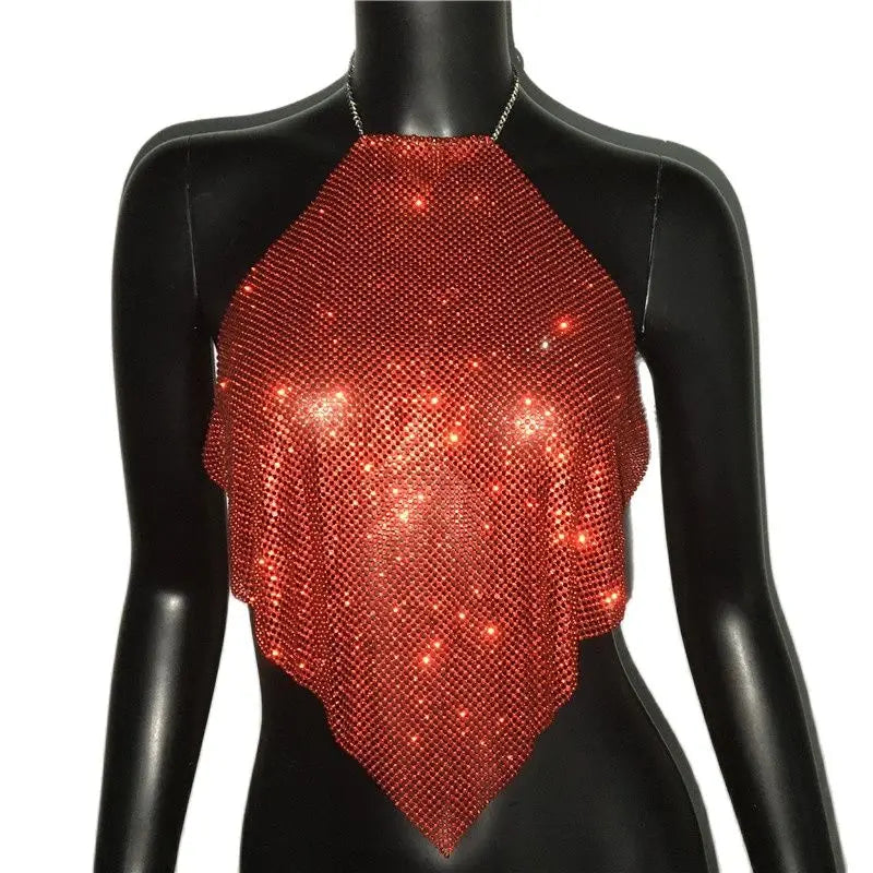 Fashion Summer Backless Tank Top Women Shiny Rhinestone Metal Sequins Halter Neck Camisole Rave Festival Party Crop Tops