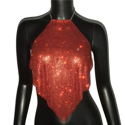 Fashion Summer Backless Tank Top Women Shiny Rhinestone Metal Sequins Halter Neck Camisole Rave Festival Party Crop Tops