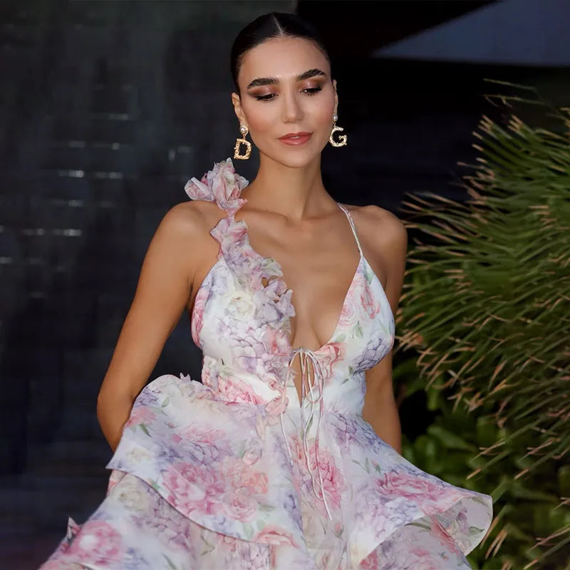 Fashion Flower Printed Ruffles Mini Dress For Women Chic Chiffon Bodycon High Waist Vestidos 2025 Lady Vacation Street Gowns New