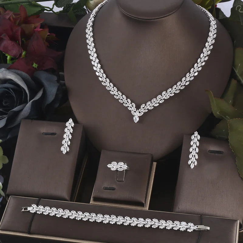 4pcs Bridal Zirconia Full Jewelry Sets For Women Party, Luxury Dubai Nigeria CZ Crystal Wedding Jewelry Sets