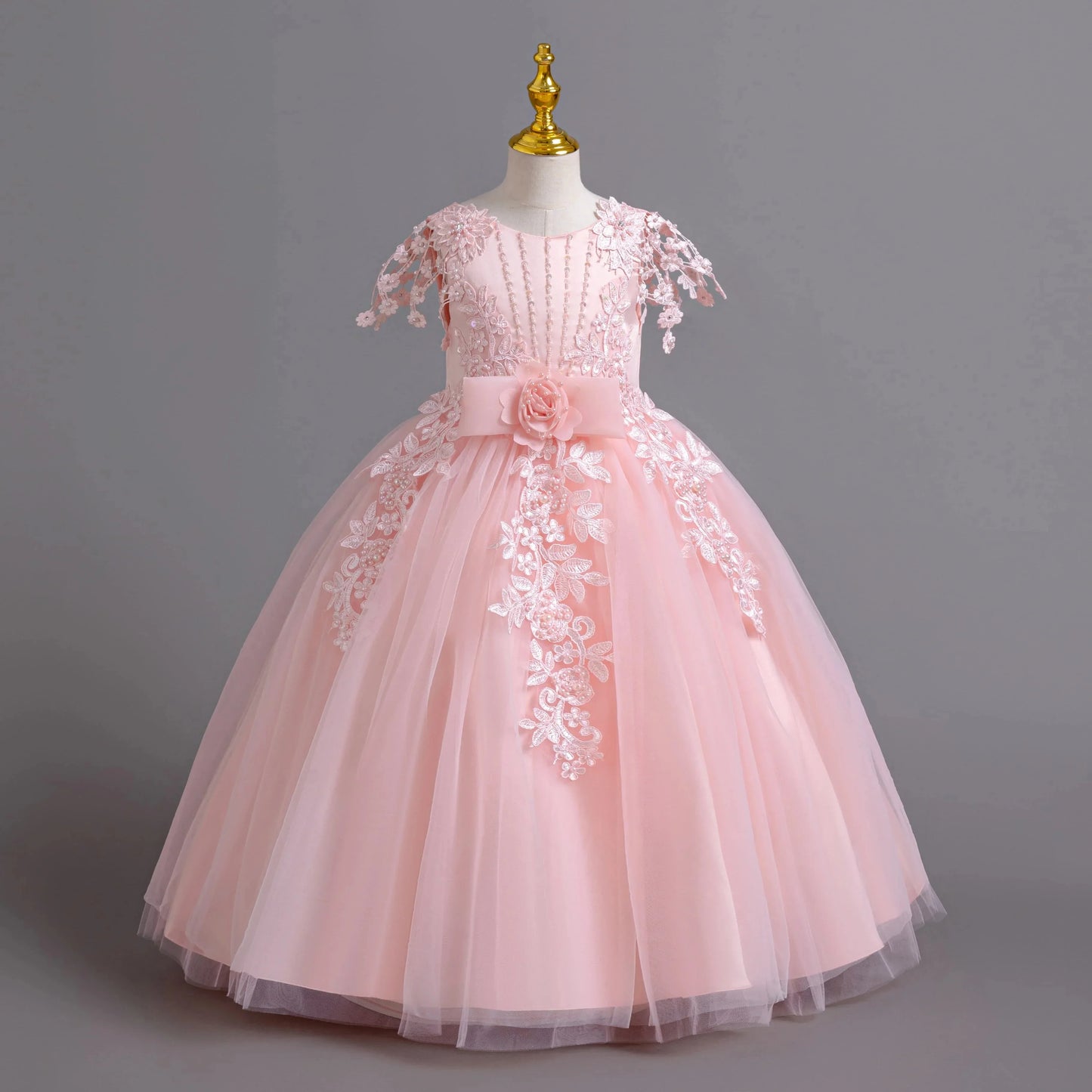 Lace up Tulle Flower Girl Dress Chest with flowers First Communion Ball Gown Wedding Party Bridesmaid Dress Kids 12Y