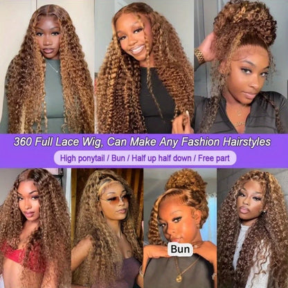 4/27 Curly Highlight Wig Human Hair Preplucked 360 Full Lace Front Wig HD Human Hair Ready to Wear Deep Wave Human Wig for Women