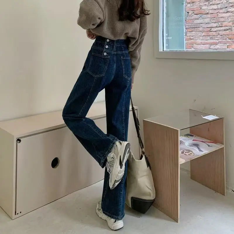 Vintage Autumn Spring Fashion Female Solid High Waist Jeans