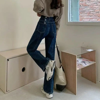 Vintage Autumn Spring Fashion Female Solid High Waist Jeans