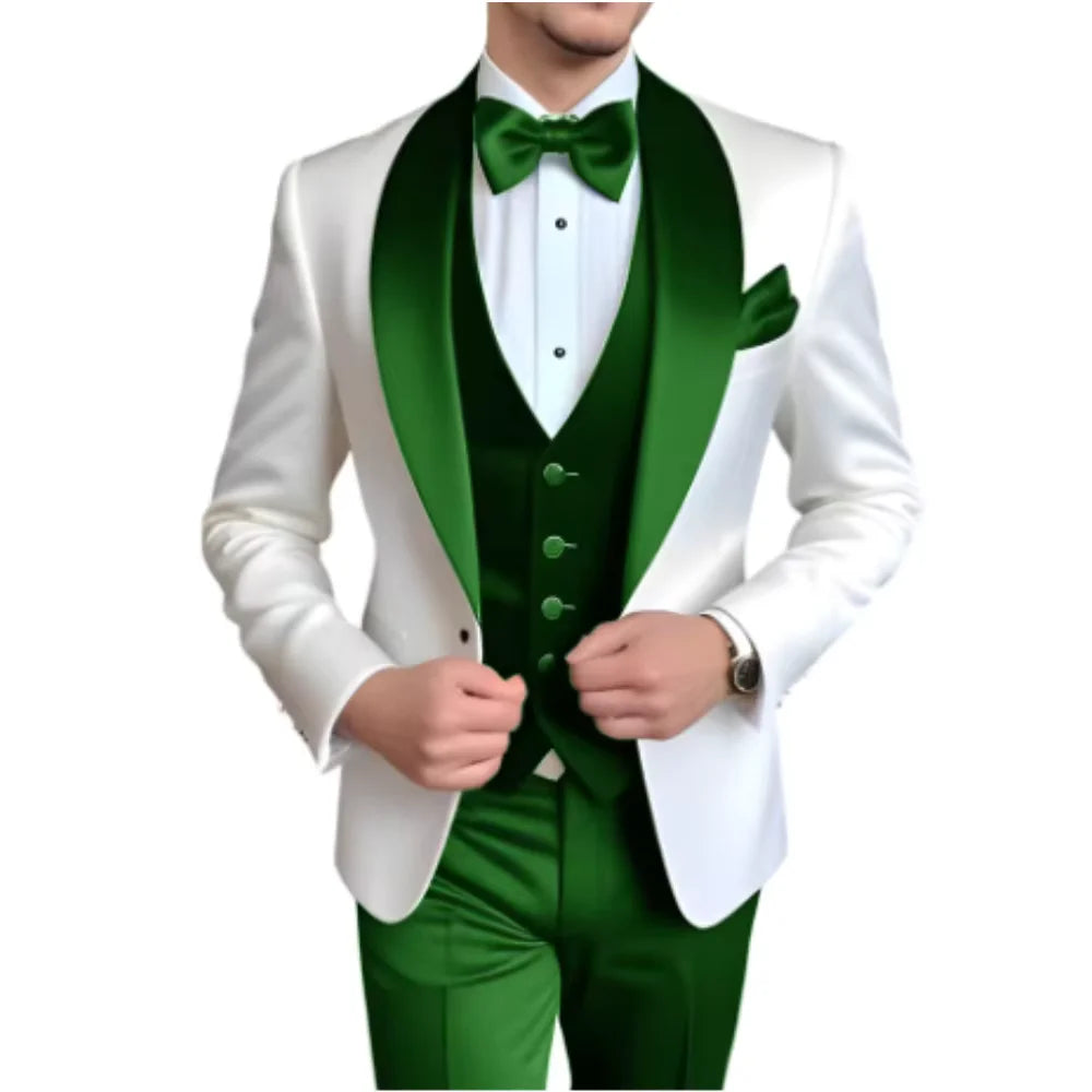 Solid Color Slim Fit Men's Tuxedo 3-Piece Set Fashion Business Wedding Suit with Shawl Lapel Blazer Vest Pants for Groom Party