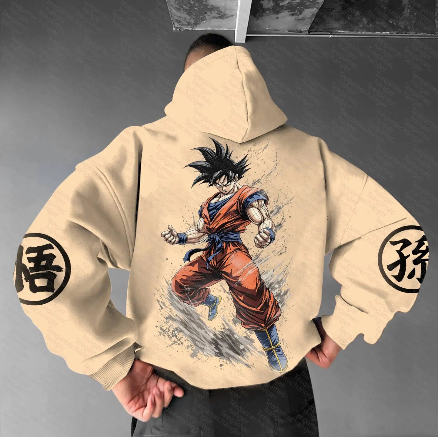 Khaki Hoodie Men Women Anime Character Print Pullover with Japanese Kanji Sleeve Design and Chest Logo Casual