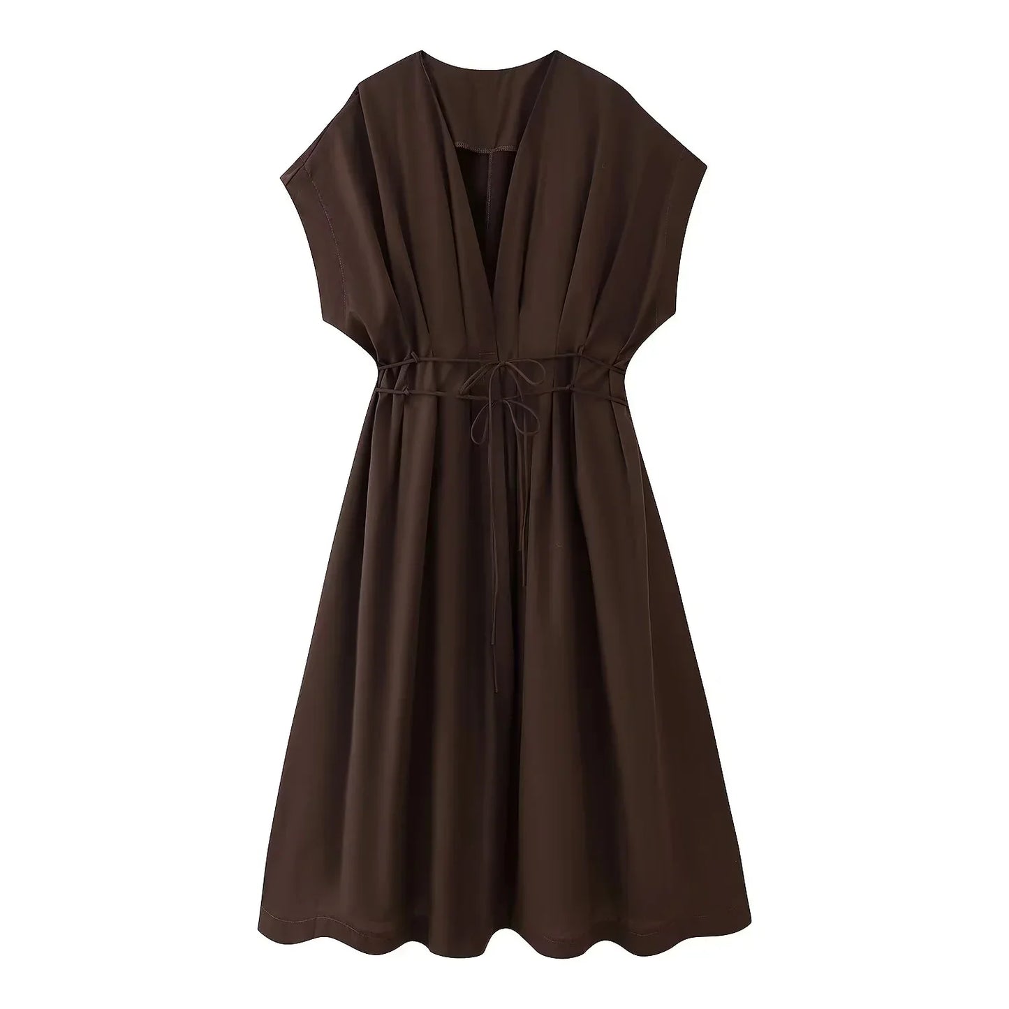 Spring Summer Vintage Women Dress Fashion Single Breasted Sashes Draped V Neck Sleeveless Chic Brown Ladies Dresses