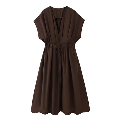Spring Summer Vintage Women Dress Fashion Single Breasted Sashes Draped V Neck Sleeveless Chic Brown Ladies Dresses
