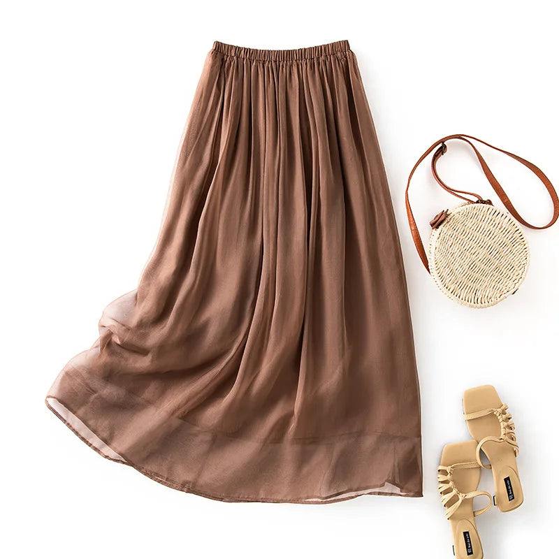 Women 100%Real Silk Elegant Skirts, Elastic Waist Solid, French Temperament Fairy Commute Skirt, 2025 Summer B56433CC