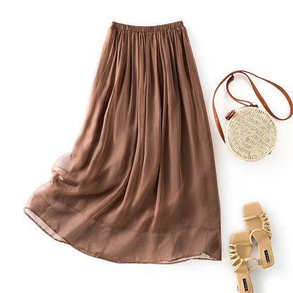 Women 100%Real Silk Elegant Skirts, Elastic Waist Solid, French Temperament Fairy Commute Skirt, 2025 Summer B56433CC