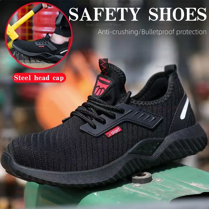 Steel-toe work shoes, puncture-resistant safety boots, sturdy industrial shoes, comfortable and breathable, and slip-resistant.