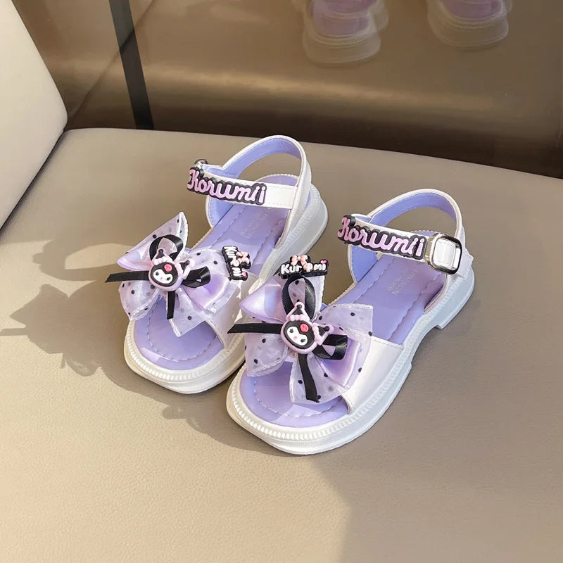 Kids'Sandals Kuromi PU Leather Bow Flat Spring Shoes For Girls Anti-slip Soft Thick Bottom White Black Shoes Size 25-36